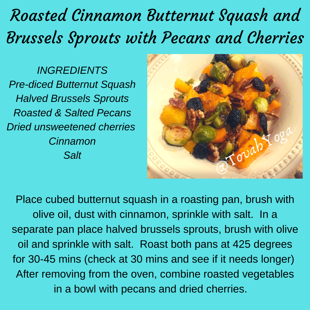 Vegan and fall recipe for roasted cinnamon butternut squash and brussels sprouts with pecan and cherries